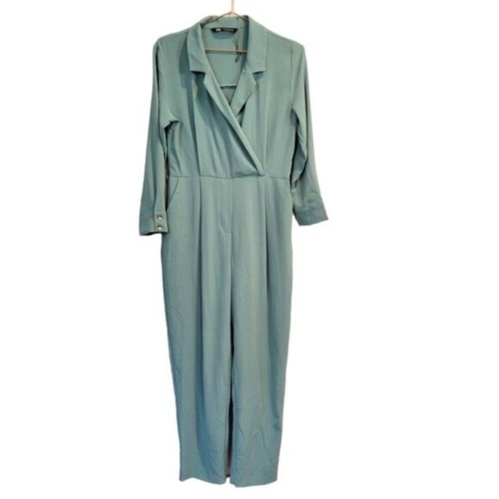 Zara | Long Sleeve Lapel Collar Surplus V Neck Jumpsuit Dusty Green Blue - Picture 2 of 9